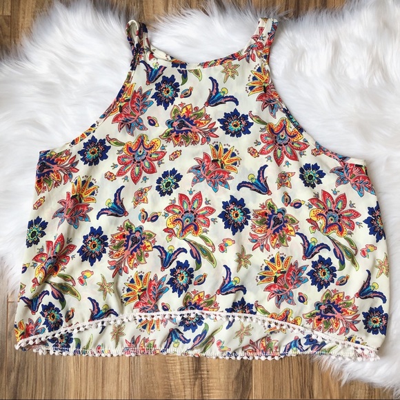 Charlotte Russe Tops - Charlotte Russe Paisley Pom Pom Crop Tank Top